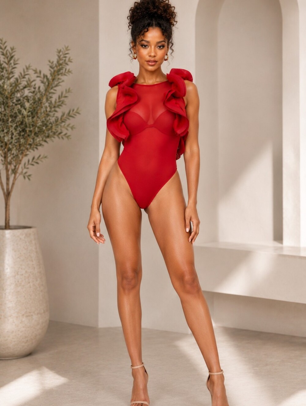 Mesh Ruffle Bodysuit